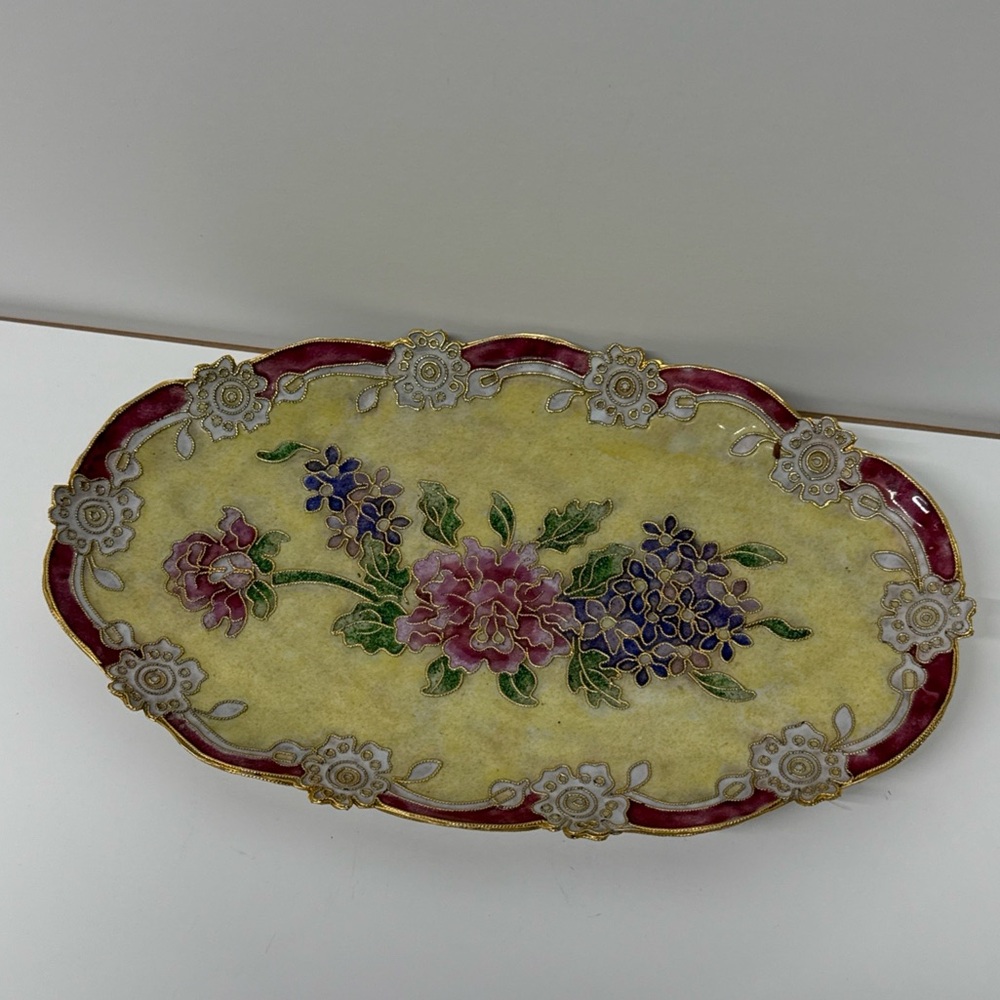 Antique China Enamel Tray Floral Flowers Heart Stamp Chinese Closione Yellow Red